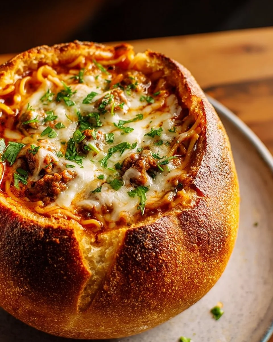 Quick Lasagna Soup in a Bread Bowl 1 Quick lasagna soup served in a bread bowl, ideal for comforting meals