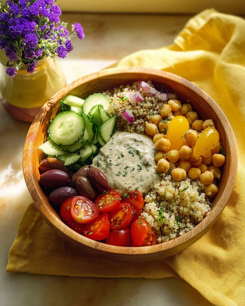 Delicious quick Mediterranean Bowl with fresh veggies and grains