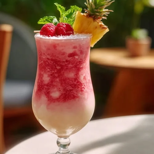 Refreshing Raspberry Coconut Mocktail in a glass with berries and coconut garnish
