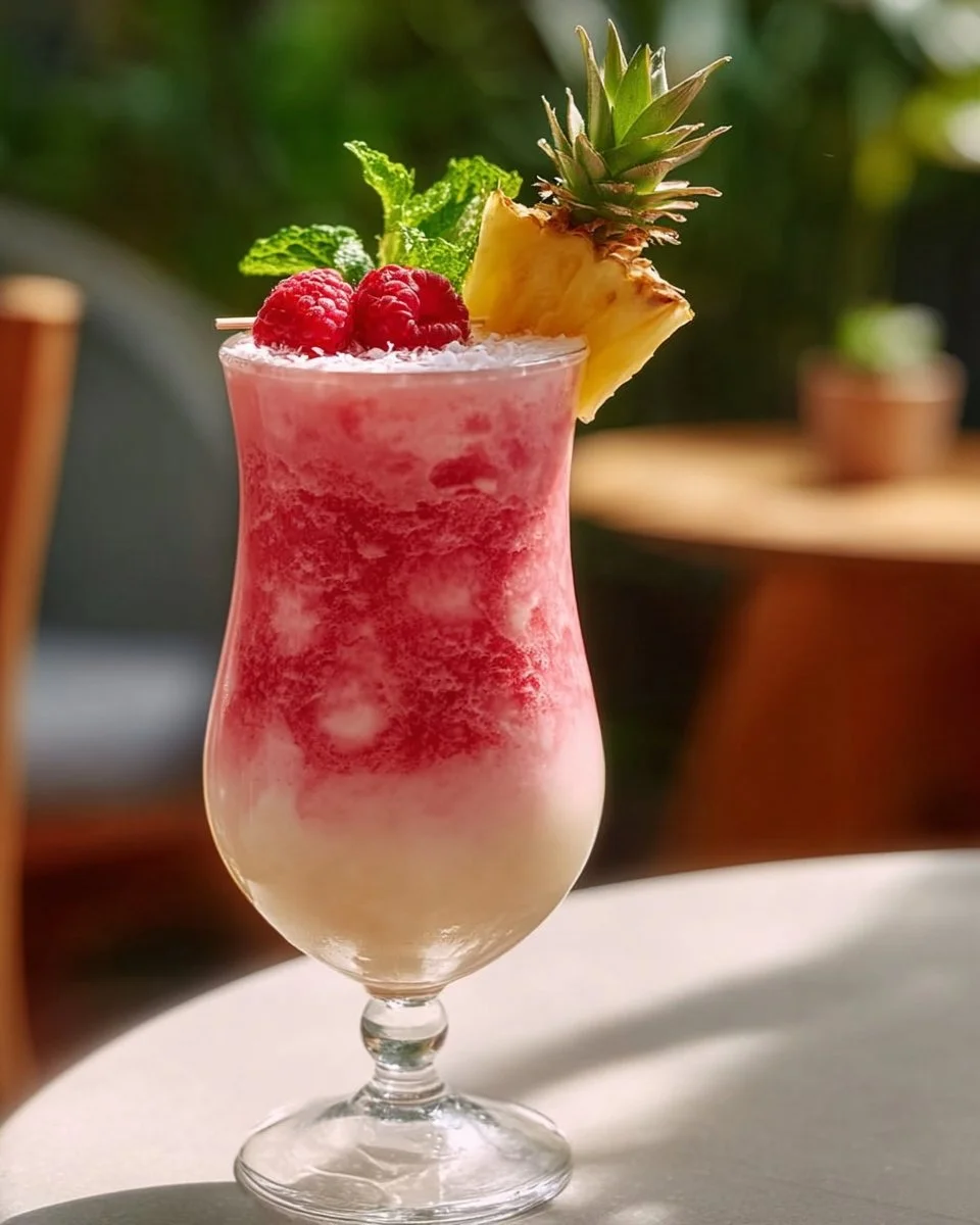 Refreshing Raspberry Coconut Mocktail in a glass with berries and coconut garnish