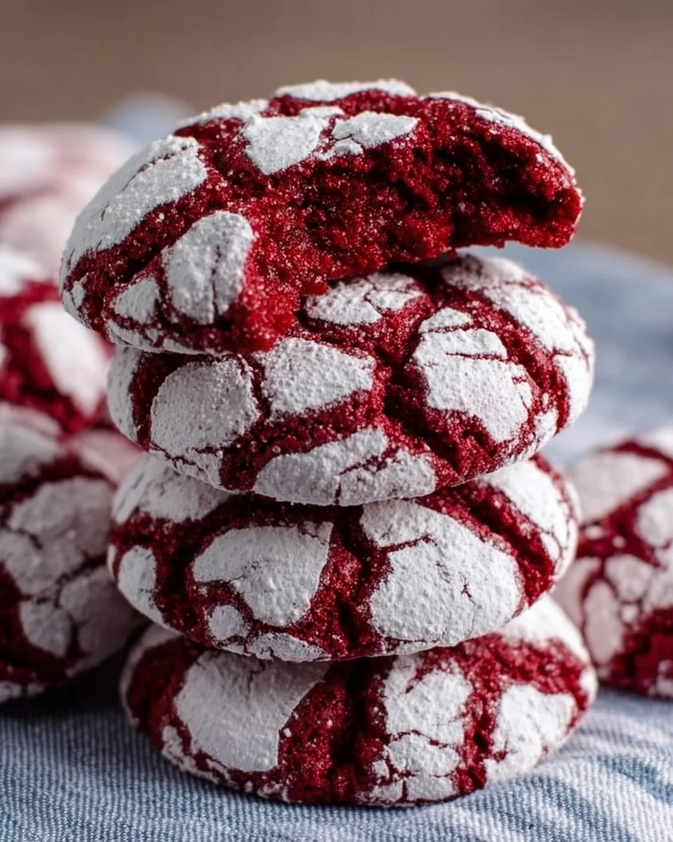 Freshly baked red velvet crinkle cookies with powdered sugar on top