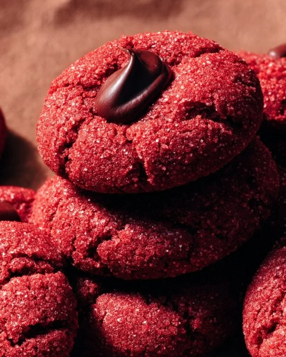 Delicious red velvet kiss cookies topped with chocolate.