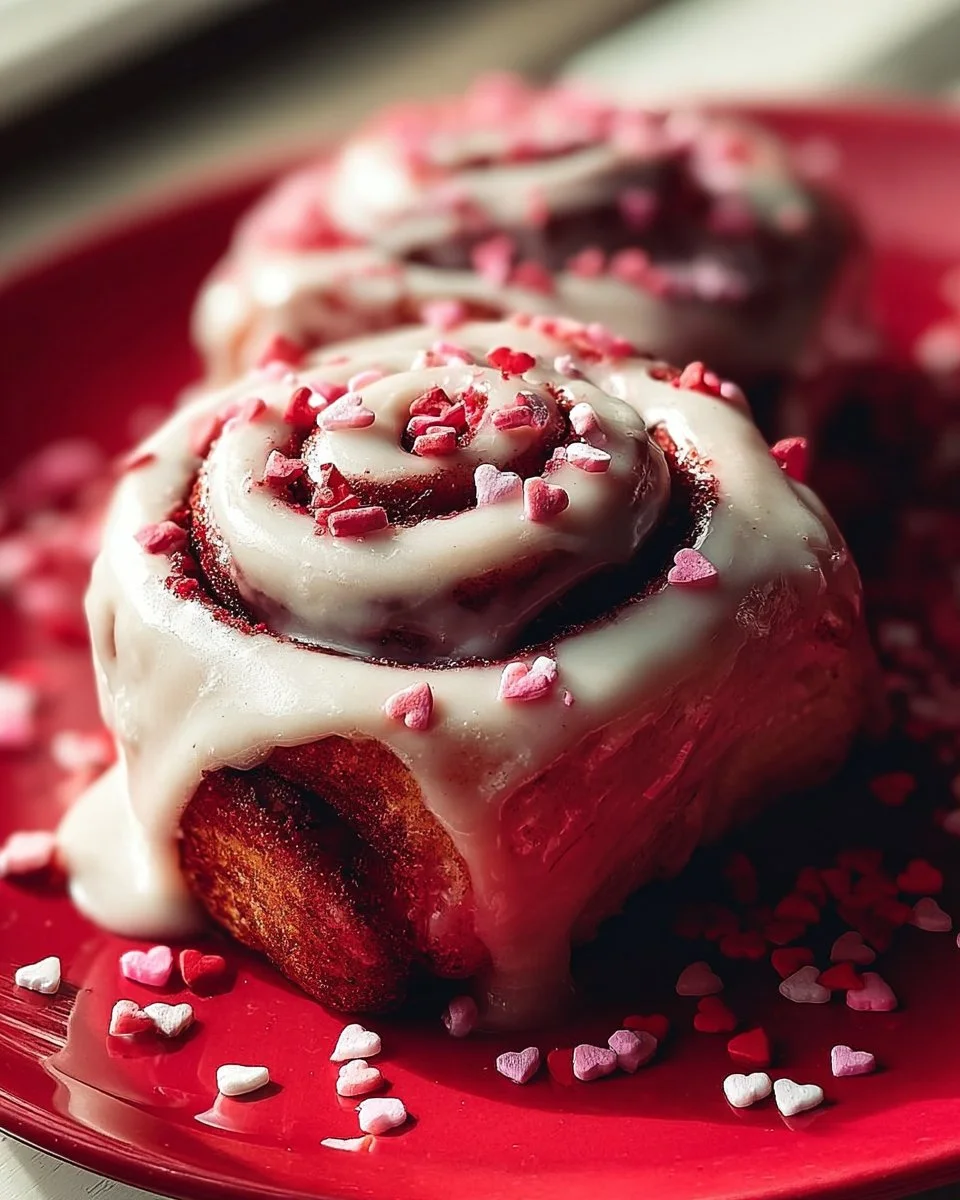 Delicious Red Velvet Valentine's Day Cinnamon Rolls drizzled with cream cheese icing