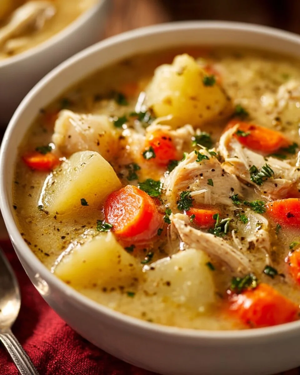 Bowl of Rustic Crockpot Chicken Potato Soup garnished with herbs