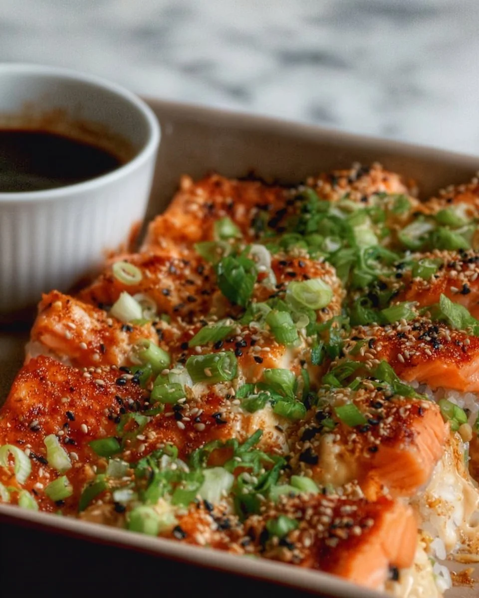 Baked salmon sushi topped with cream and herbs in a serving dish
