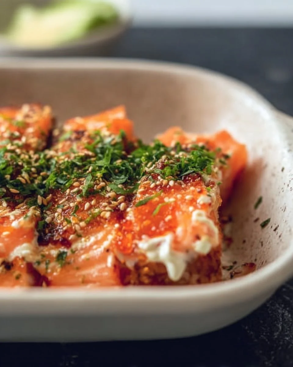 Salmon Sushi Bake 1 Delicious baked salmon sushi with a crispy topping and fresh ingredients.