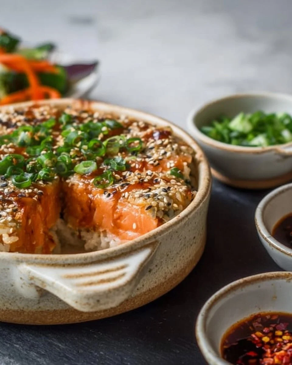 Delicious Salmon Sushi Bake served hot with toppings and garnishes