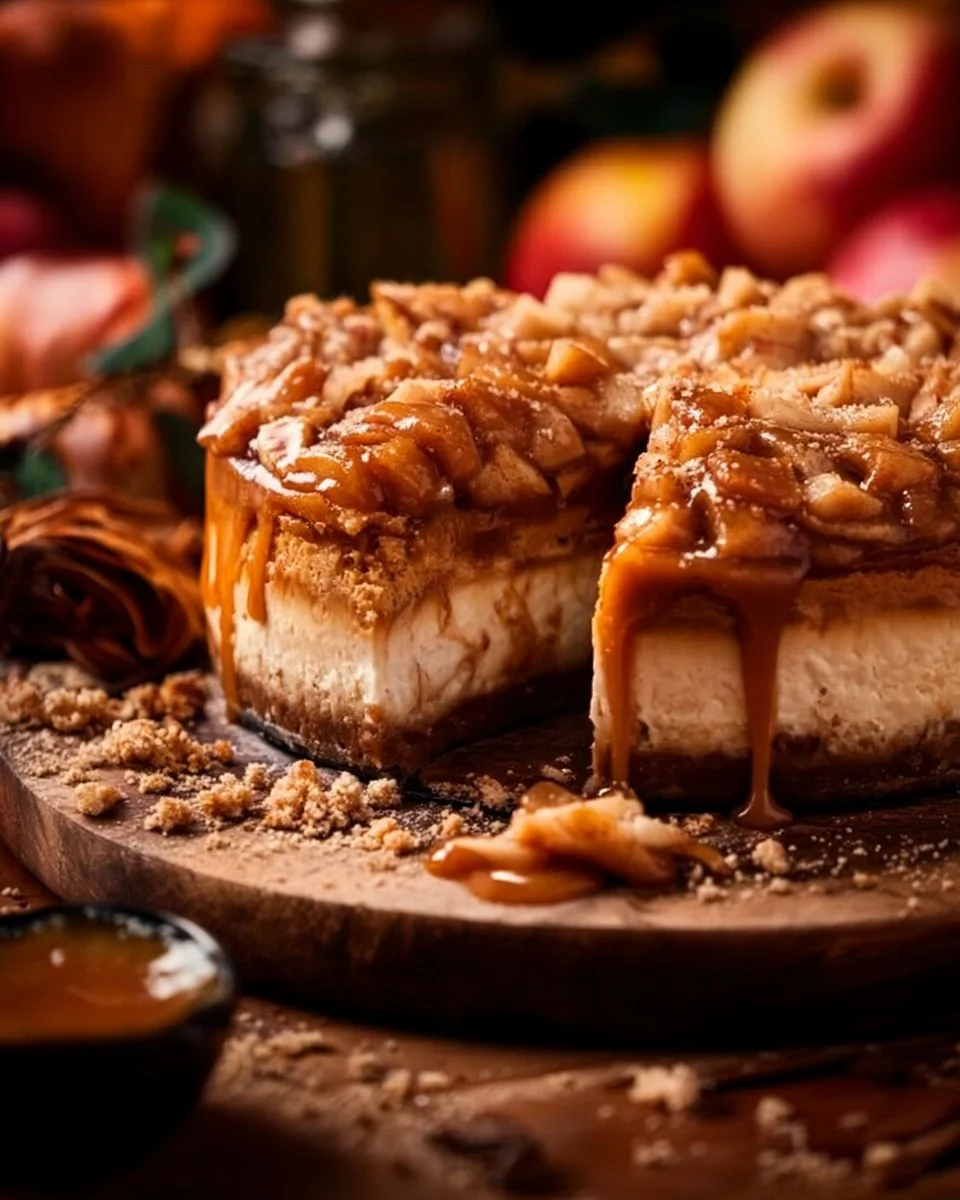 Salted caramel apple pie cheesecake with apple slices and caramel drizzle