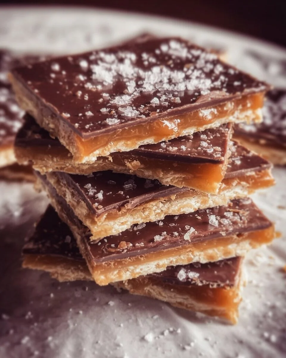 Saltine Cracker Candy 1 Delicious homemade Saltine Cracker Candy on a plate, perfect for dessert.