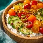 Savory cottage cheese bowl topped with fresh vegetables and herbs