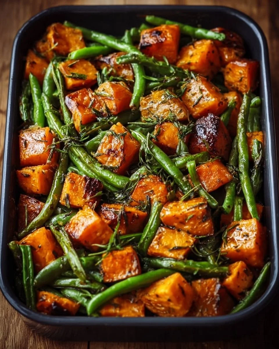 Savory sweet potato and green bean tray bake dish served on a plate