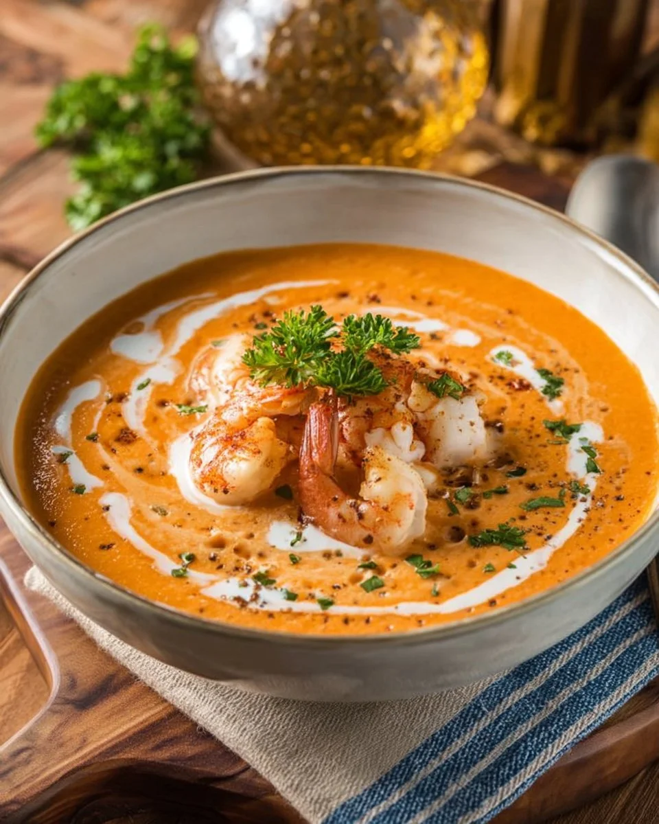 Seafood Bisque 1 Delicious, rich seafood bisque served in a bowl with fresh herbs on top.