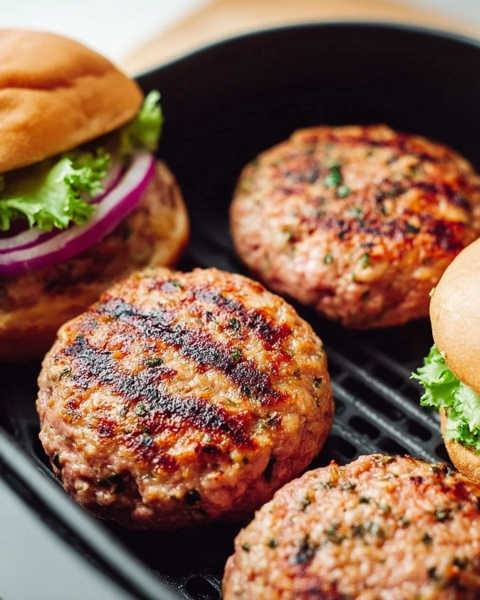 Seasoned air fryer ground turkey burgers on a plate ready to serve.
