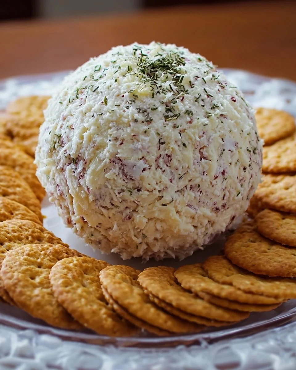 A simple cheese ball served with crackers and fresh herbs for garnish.