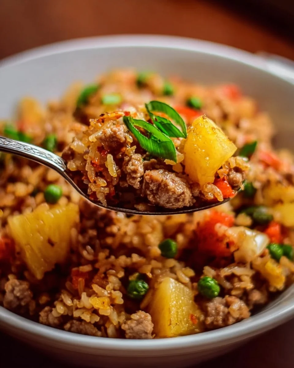 Simple Ground Turkey and Pineapple Fried Rice 1 Delicious ground turkey and pineapple fried rice served in a bowl