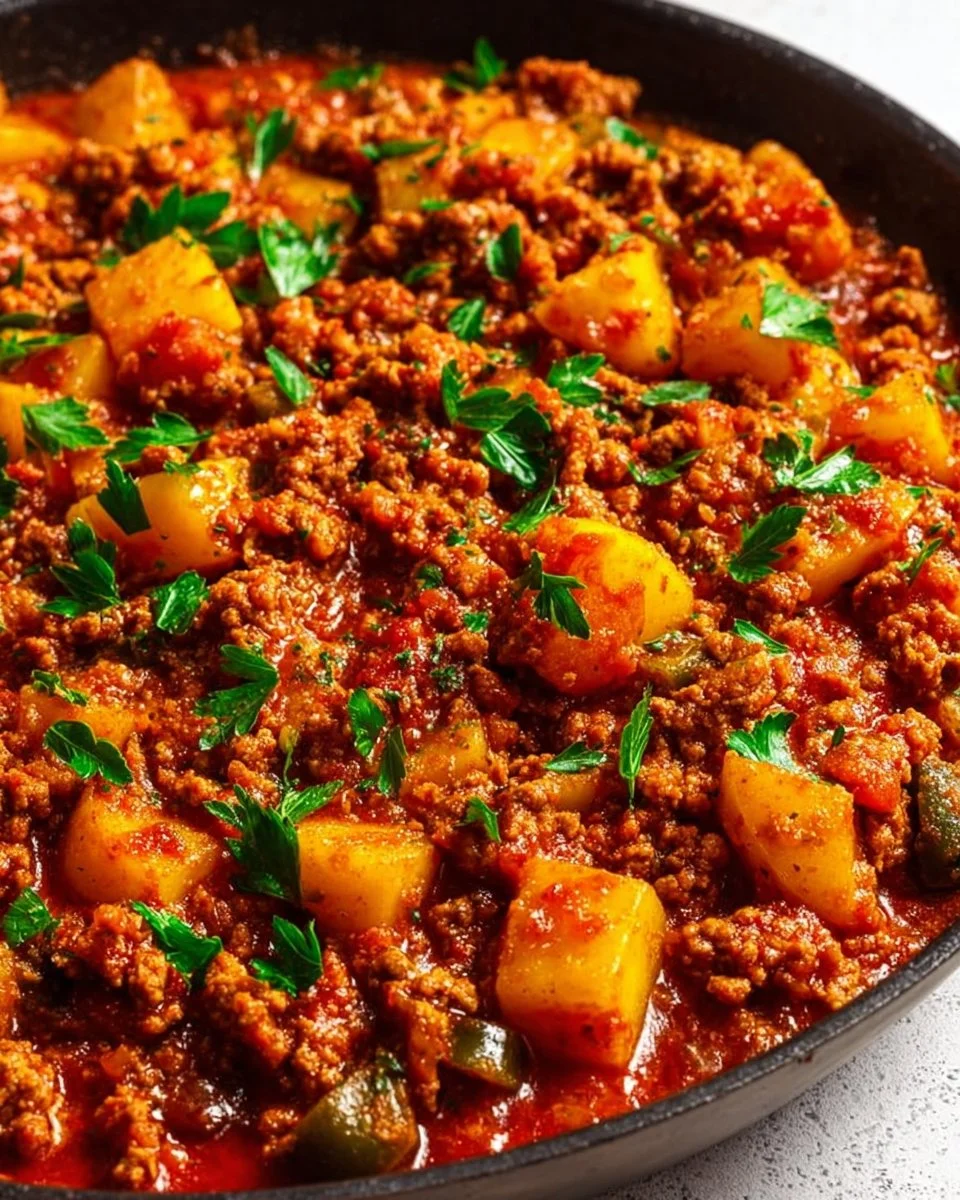Simple ground turkey and potato skillet ready to serve in a pan.