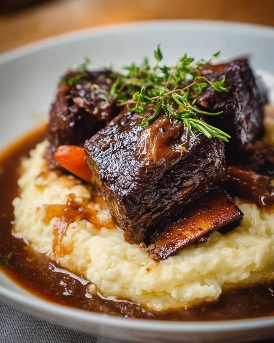 Delicious slow-braised beef short ribs served with creamy mashed potatoes.