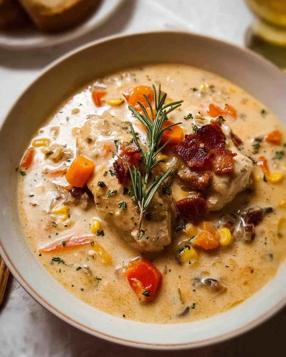 Slow Cooker Creamy Chicken 1 Delicious bowl of slow cooker creamy chicken served with herbs.