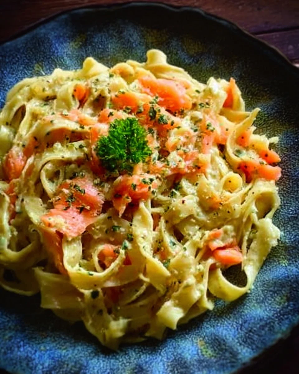 Delicious smoked salmon tagliatelle served in a creamy sauce with herbs
