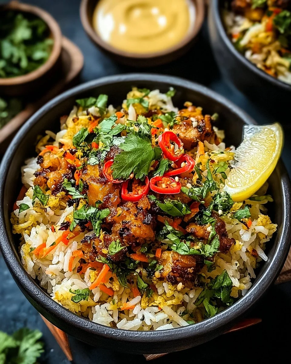 Delicious spicy Indian rice bowls with colorful ingredients and spices
