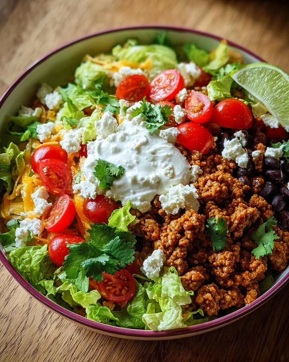 Spicy ground turkey cottage cheese taco bowl topped with fresh ingredients