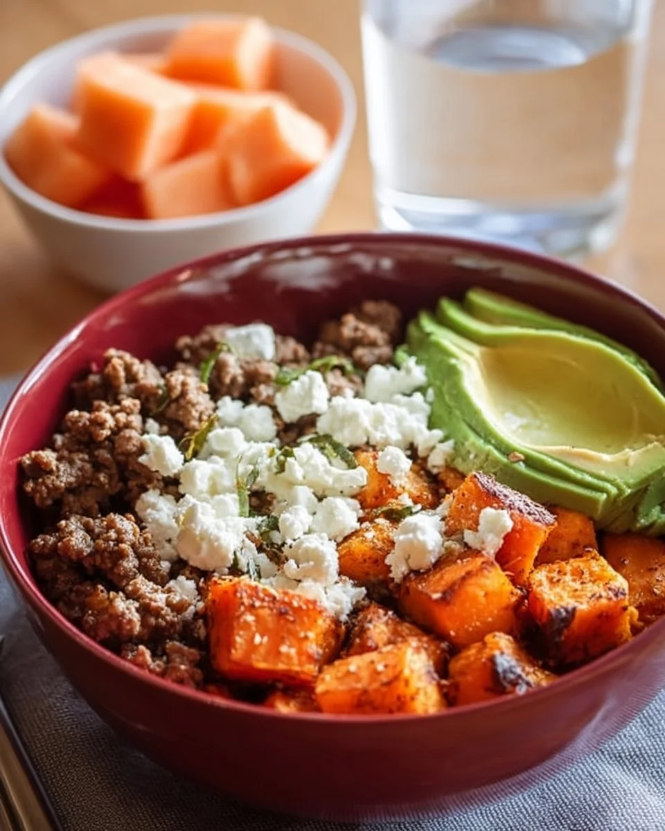 Spicy high protein cottage cheese bowl with ground beef and vegetables