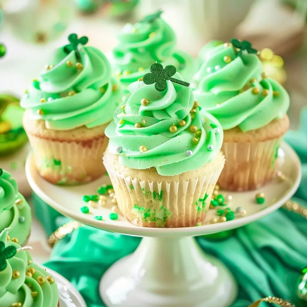 Delicious St. Patrick's Day green cupcakes decorated with shamrocks.