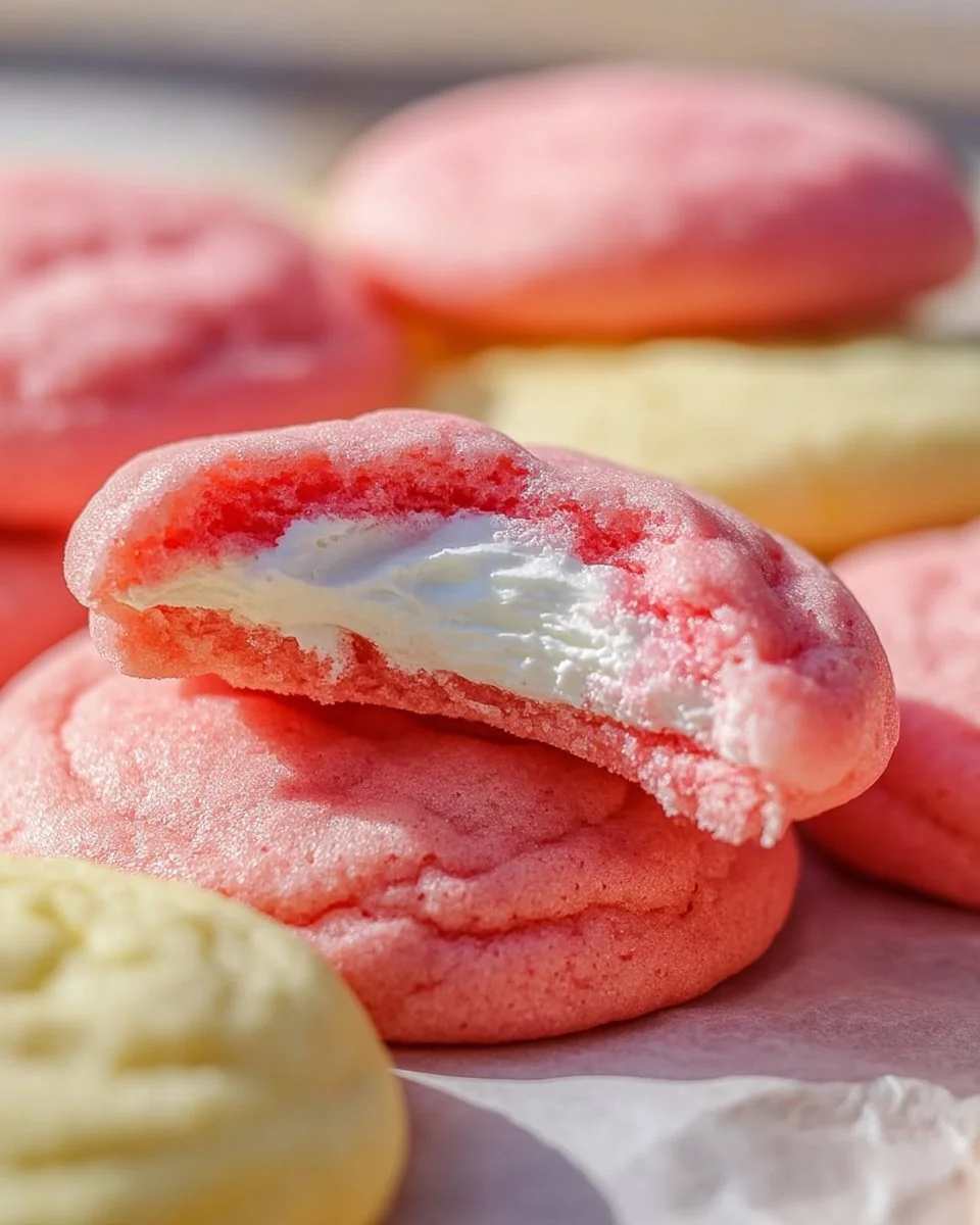 Strawberry Cheesecake Cookies on a plate with fresh strawberries garnish