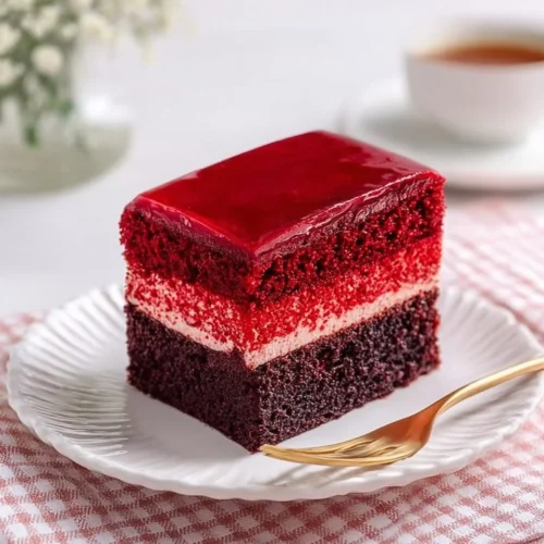 Delicious triple layer red velvet brownies topped with cream cheese frosting