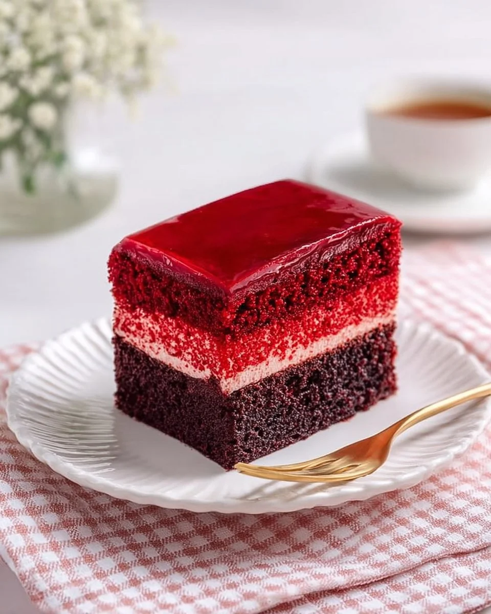 Delicious triple layer red velvet brownies topped with cream cheese frosting