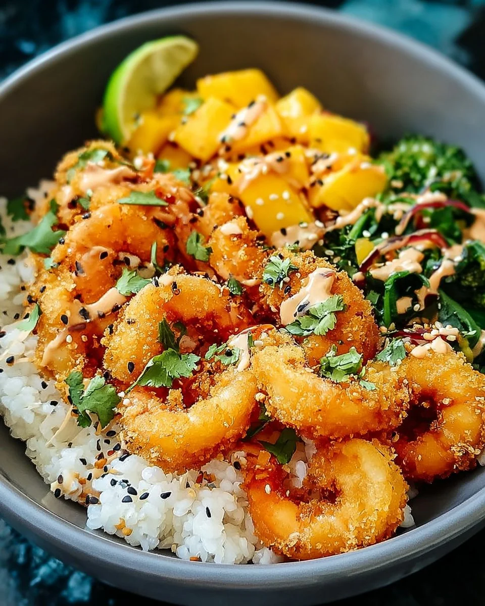 Colorful Tropical Bowls with crispy shrimp and fresh ingredients served in a bowl.