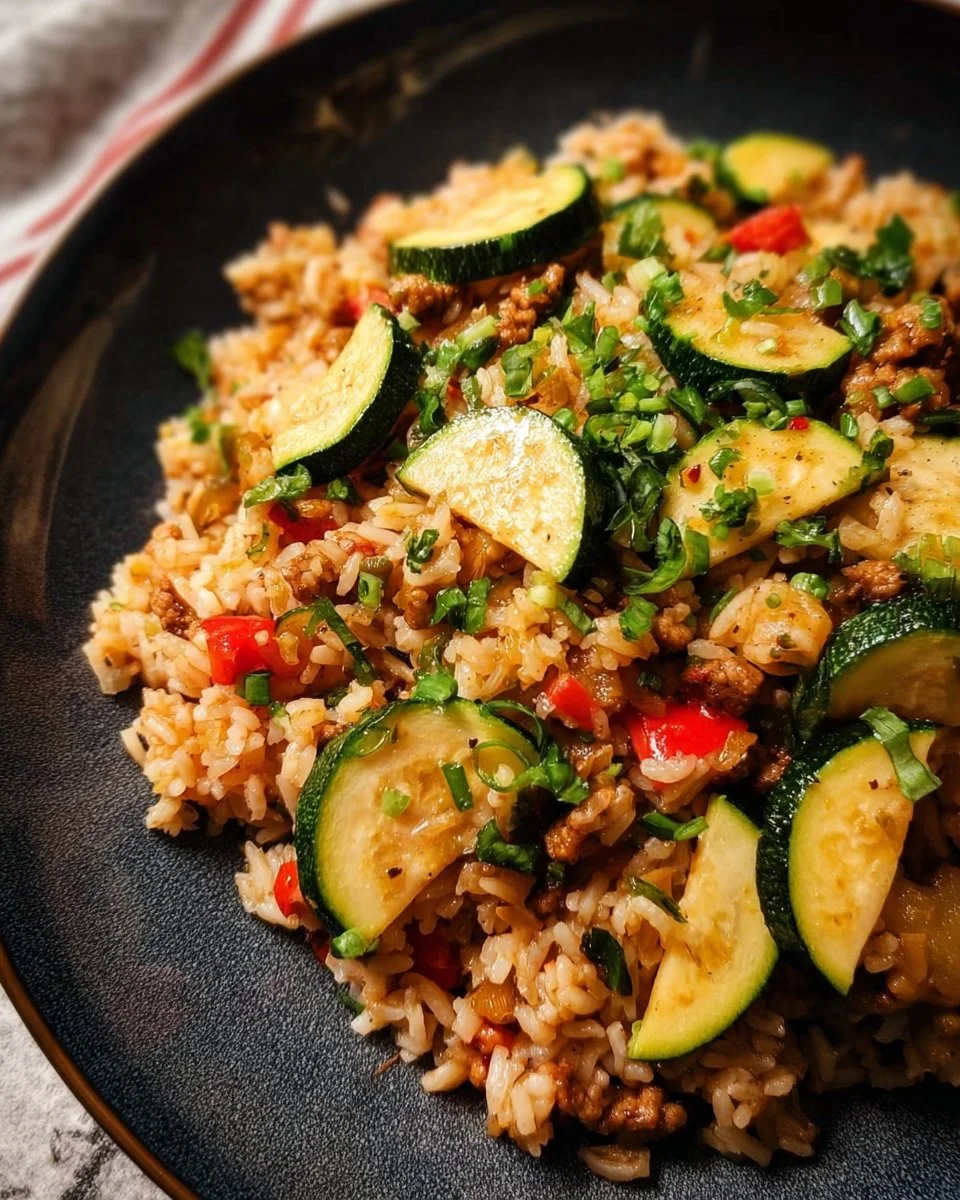 Healthy Turkey Zucchini Rice Skillet ready to serve with fresh ingredients