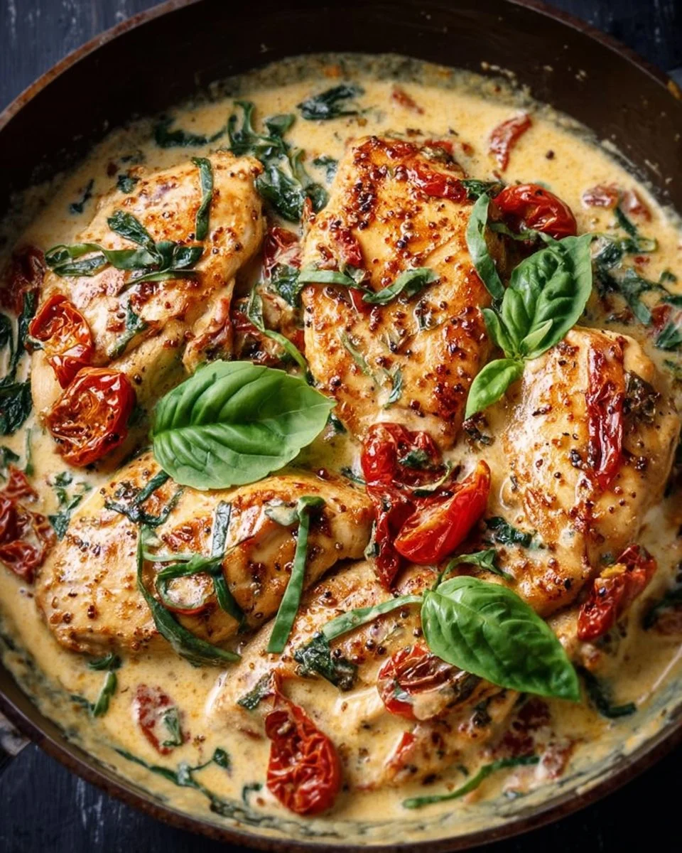 Tuscan Chicken in Cream Sauce 1 Delicious Tuscan Chicken in Cream Sauce served with vegetables