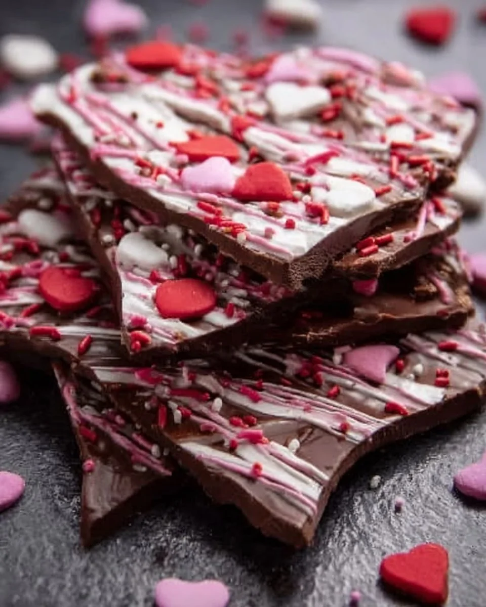 Homemade Valentine's Day chocolate bark decorated with heart-shaped sprinkles.