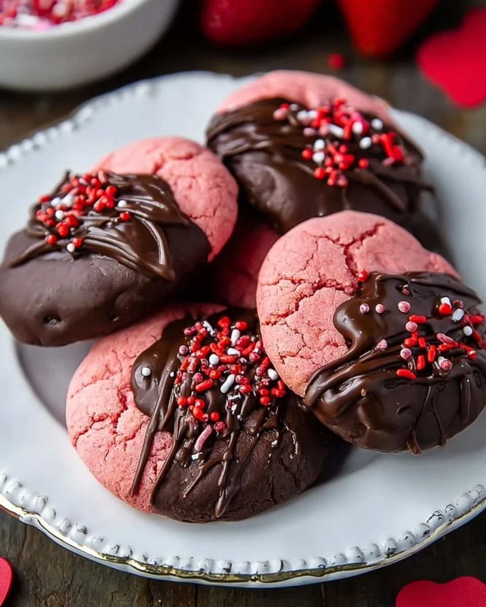 Delicious Valentine's Day Chocolate Covered Strawberry Cookies dipped in chocolate