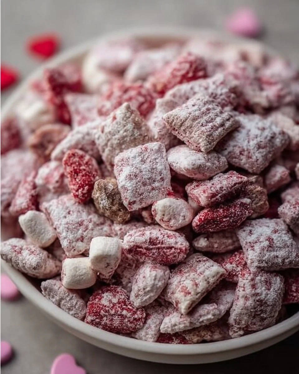 Valentine's Day themed Muddy Buddies with heart-shaped decorations