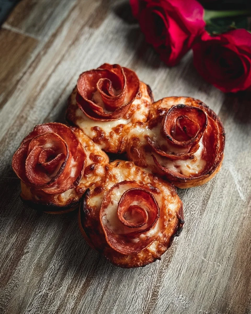 Valentine's Day Pizza Roses 1 Valentine's Day pizza roses served on a decorative plate.