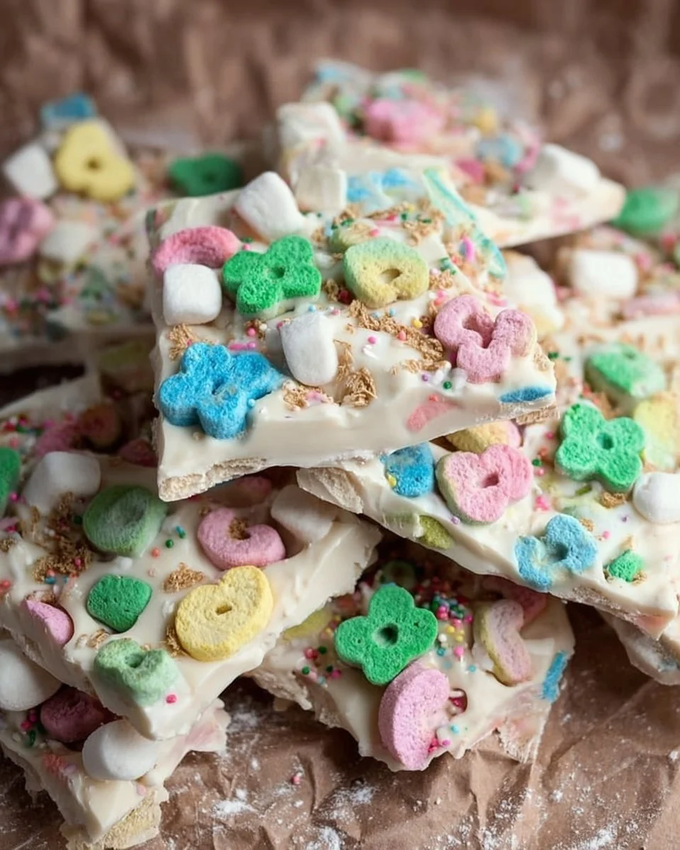 White Chocolate Lucky Charms Bark 1 Delicious White Chocolate Lucky Charms Bark with marshmallows and cereal