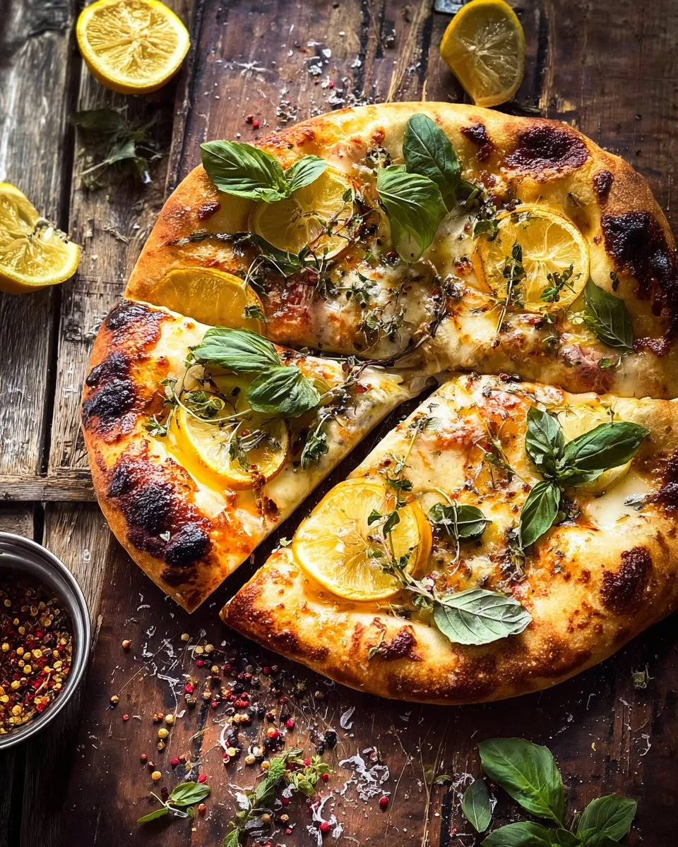 Freshly baked 3 cheese lemon basil pizza with herbs and a golden crust