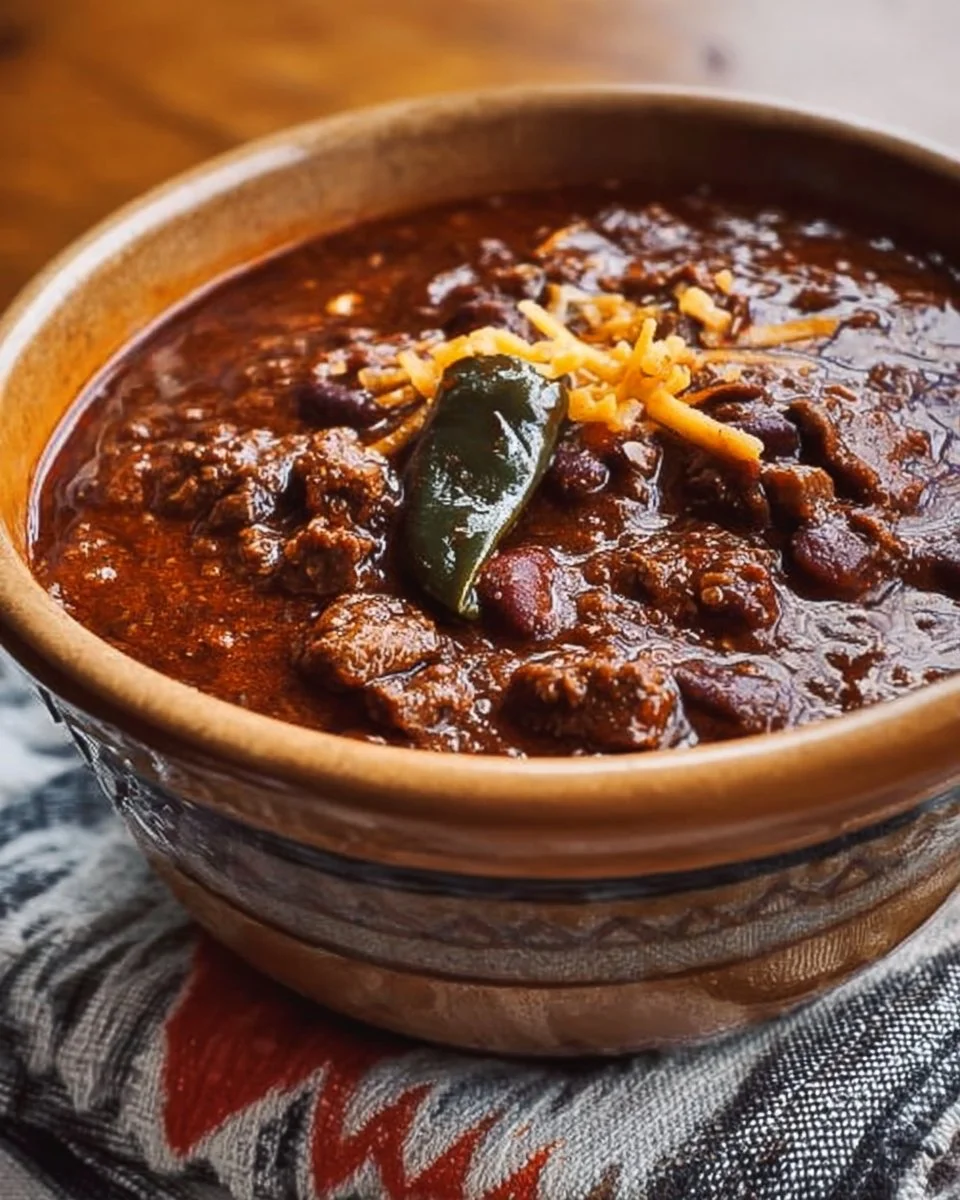 Authentic Texas Chili 1 Bowl of authentic Texas chili with spices and garnishes
