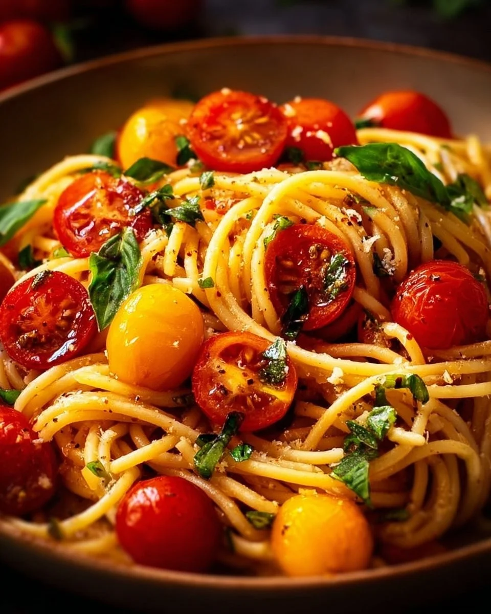 Delicious Basil Tomato Garlic Pasta served in a bowl with fresh basil