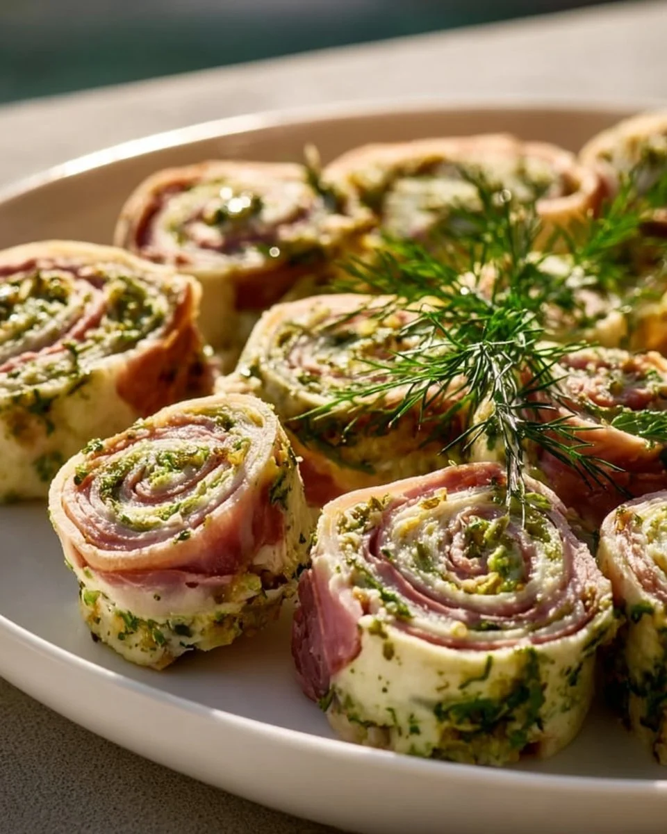 Beef Pinwheels with Ham and Pickle Dip served on a platter