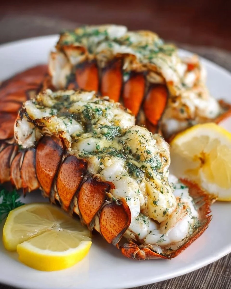 Broiled Lobster Tails with Herb Garlic Butter 1 Broiled lobster tails served with herb garlic butter on a plate