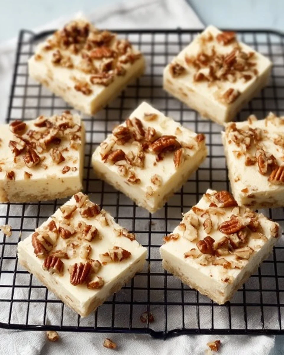 Carrot cake blondies topped with cream cheese frosting and pecans on a plate