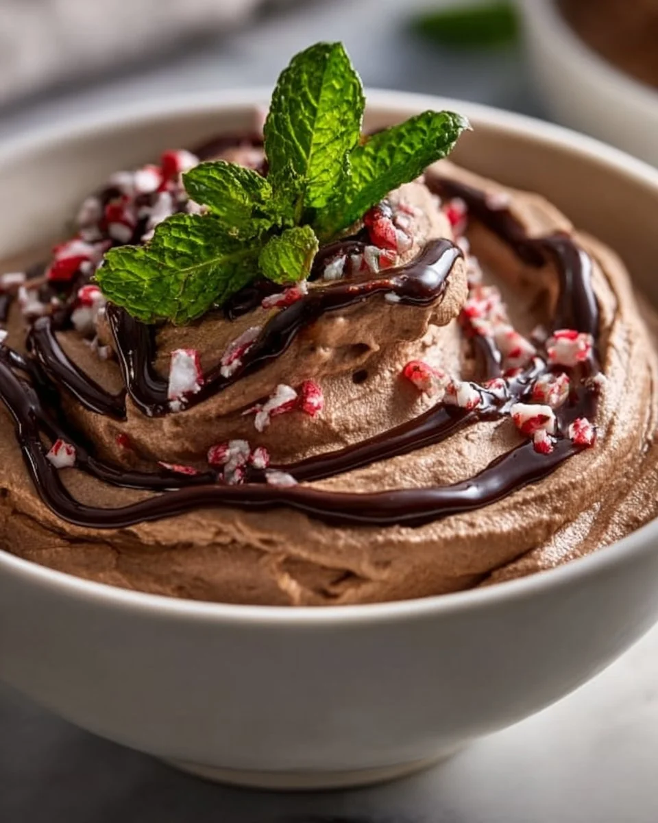 Chocolate Peppermint Hummus 1 Rich chocolate peppermint hummus served in a bowl with fresh mint leaves