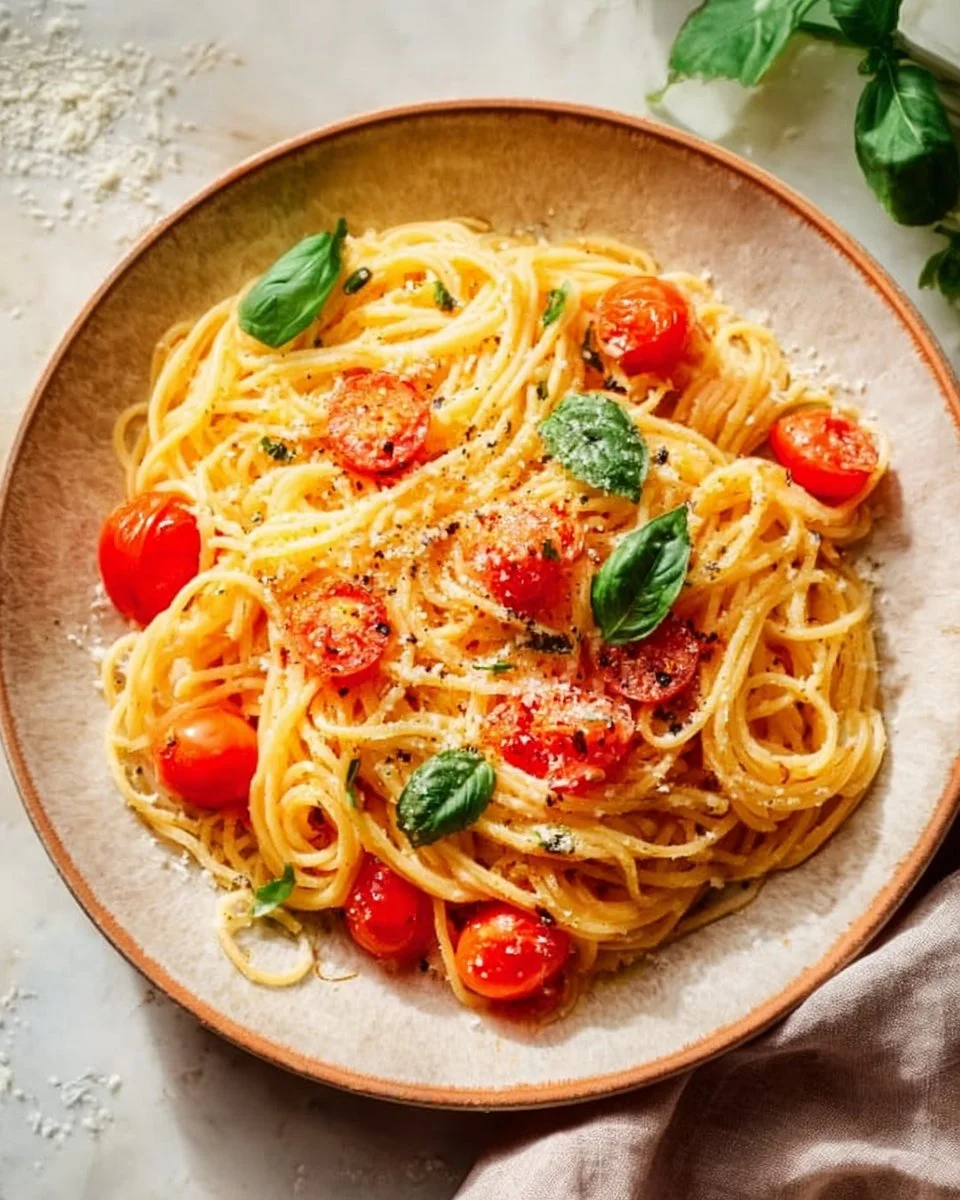 Classic Cheesy Tomato Garlic Pasta 1 Classic Cheesy Tomato Garlic Pasta served in a bowl with herbs and cheese garnish.
