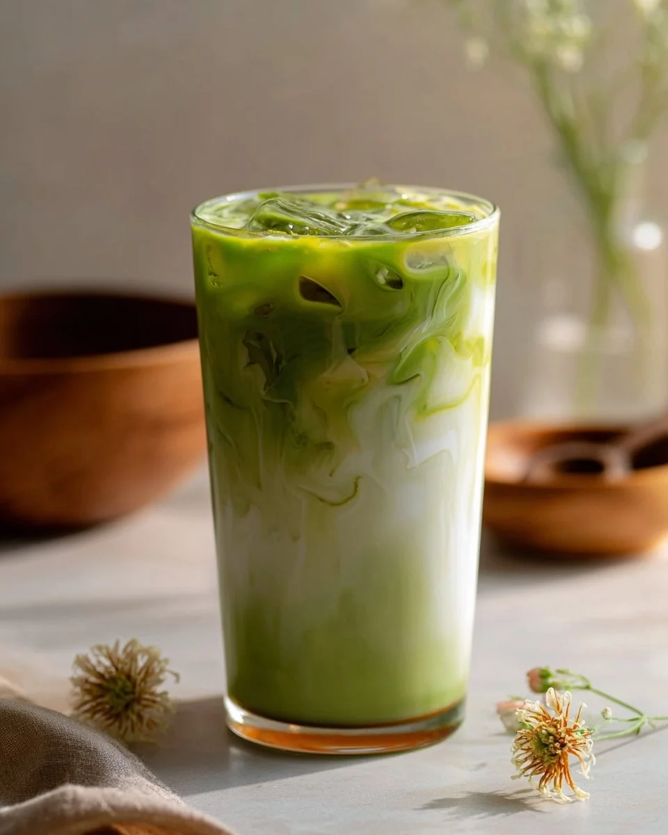 Creamy Brown Sugar Matcha Latte topped with whipped cream and matcha powder