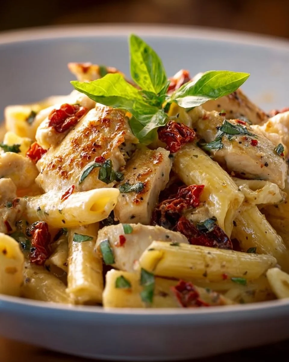 Plate of creamy chicken pasta garnished with herbs and cheese.