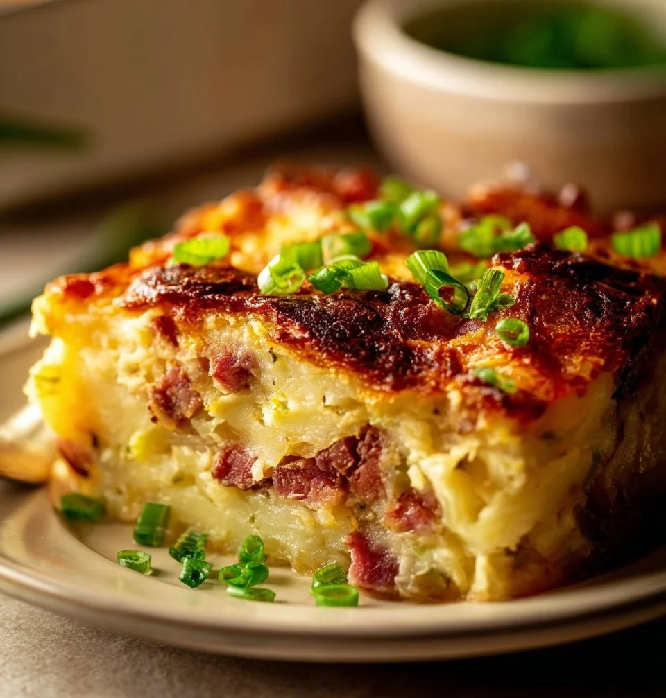 Creamy Corned Beef Colcannon Casserole 1 Creamy corned beef colcannon casserole topped with herbs