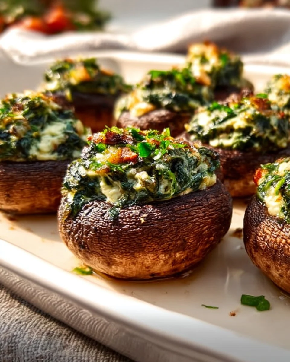 Creamy spinach and ricotta stuffed mushrooms on a serving platter